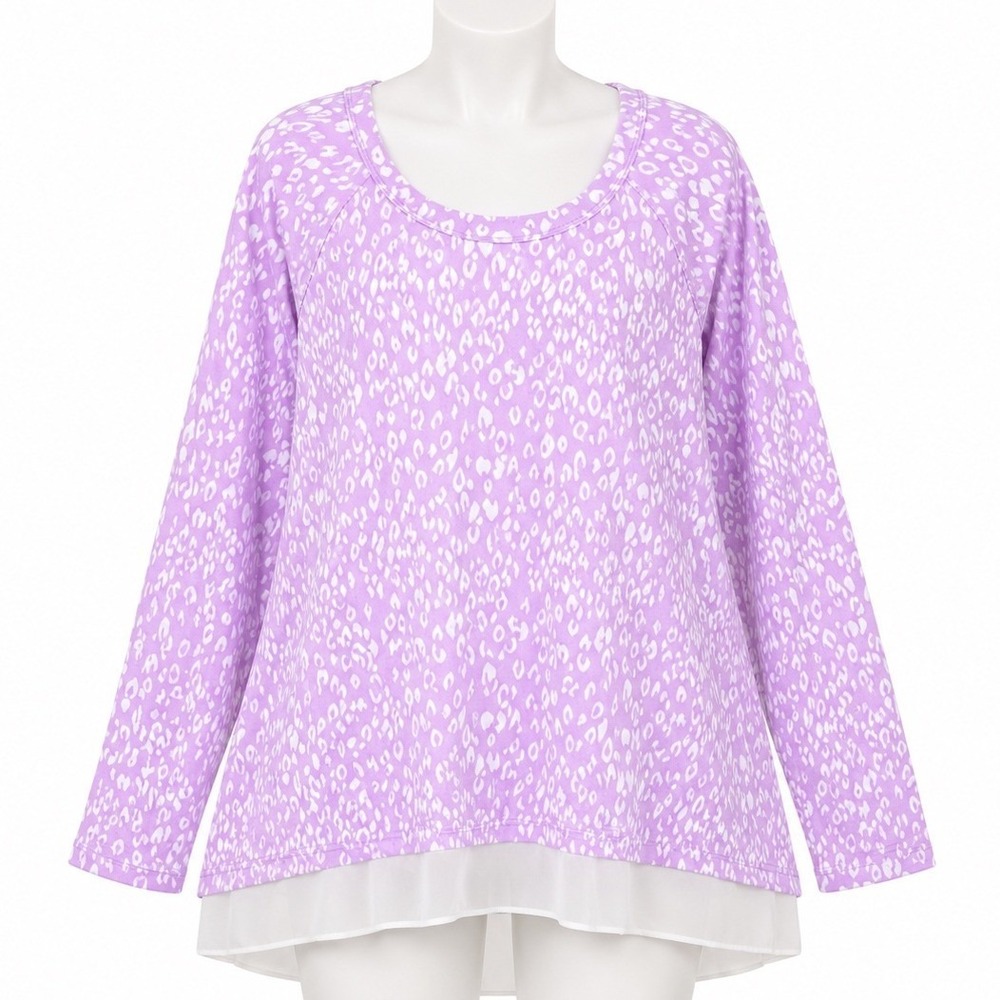 LOGO Lori Goldstein Tunic Top Womens Large Purple Leopard Print Chiffon Hem Trim